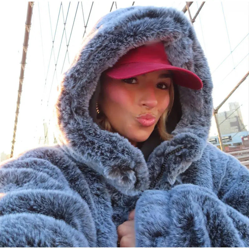 Women's Spring Clothing Imitation Fur Personality Street Fashion Solid Color Long Sleeve Zipper Hooded Short Jacket