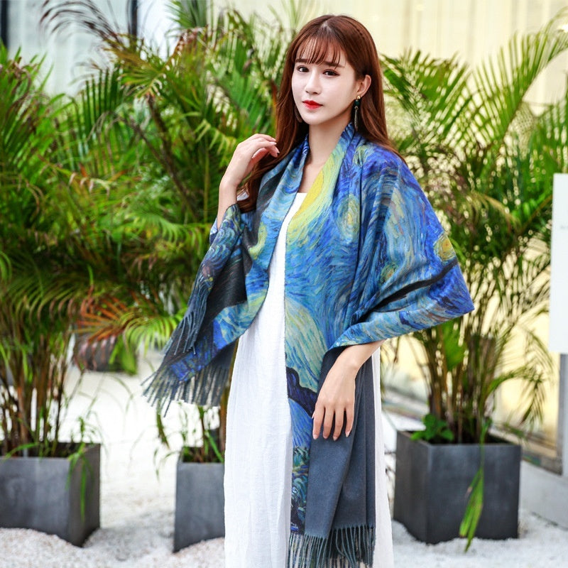 Tassel Digital Printing Scarf Cashmere Oil Painting Shawl