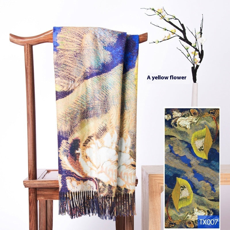 Tassel Digital Printing Scarf Cashmere Oil Painting Shawl