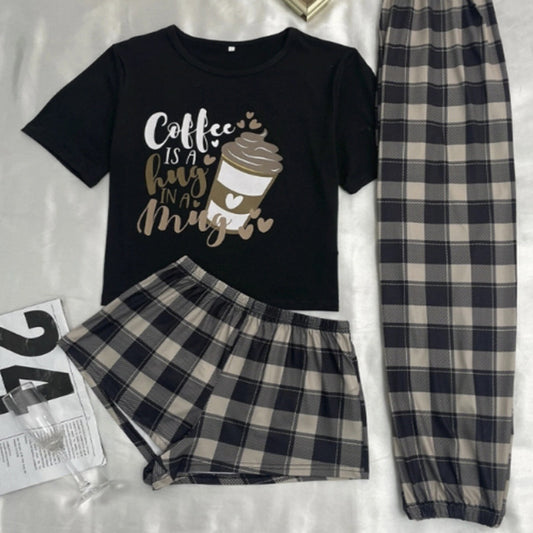 Three-piece Pajamas Women's Cartoon Plaid Shorts Trousers Home Wear