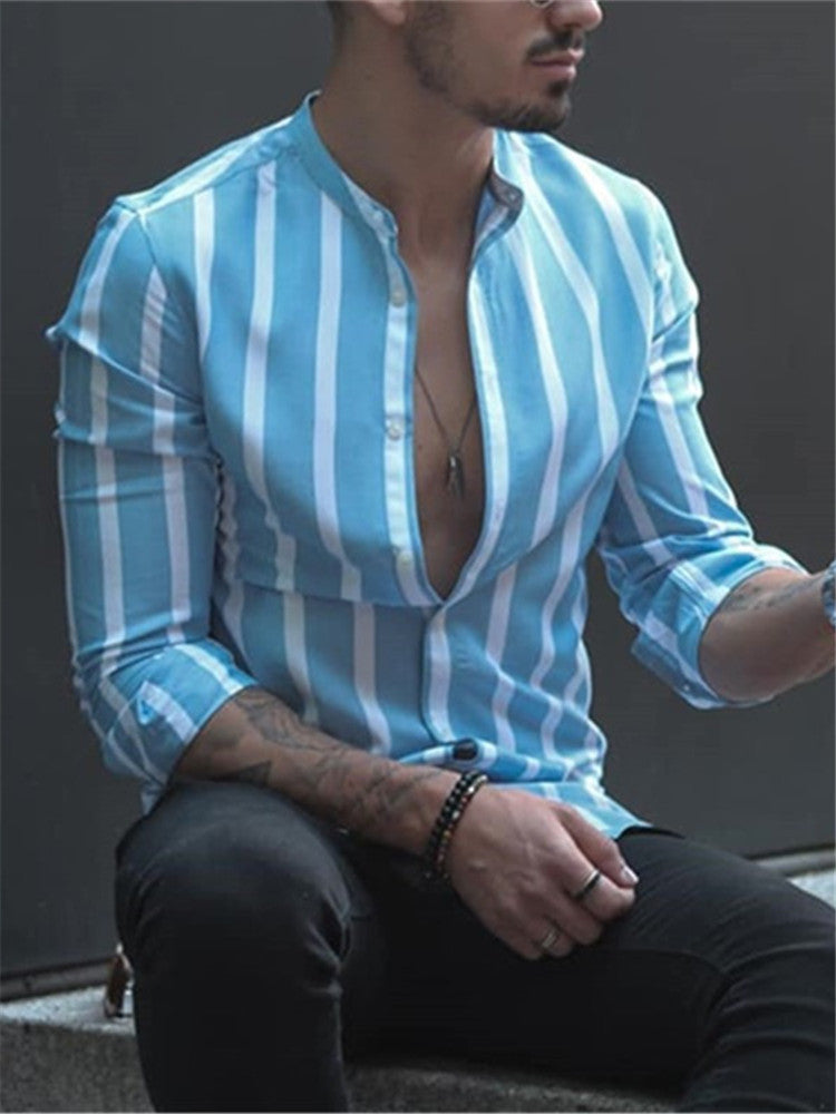 European And American Men's Stand Collar Striped Shirt