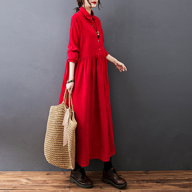 Autumn Clothing New Women's Clothing Plus Size Leisure Warm Corduroy Lapel Long Dress