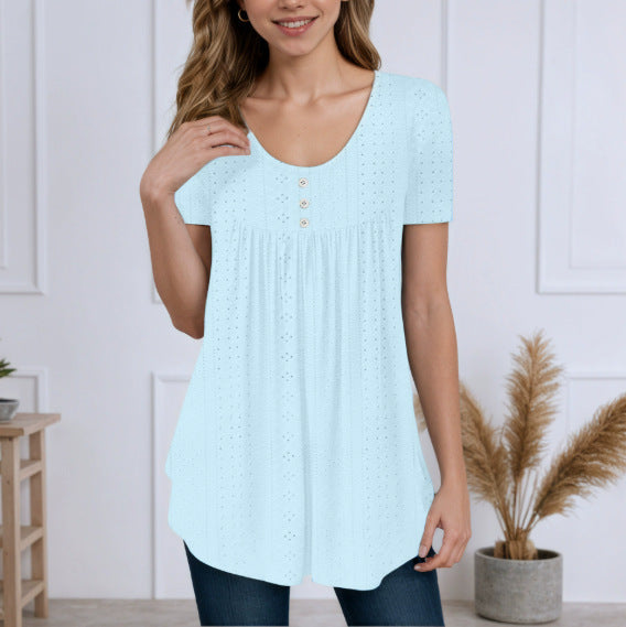 Summer New Round Neck Short Sleeve Top Loose Solid Color Hollow T-shirt