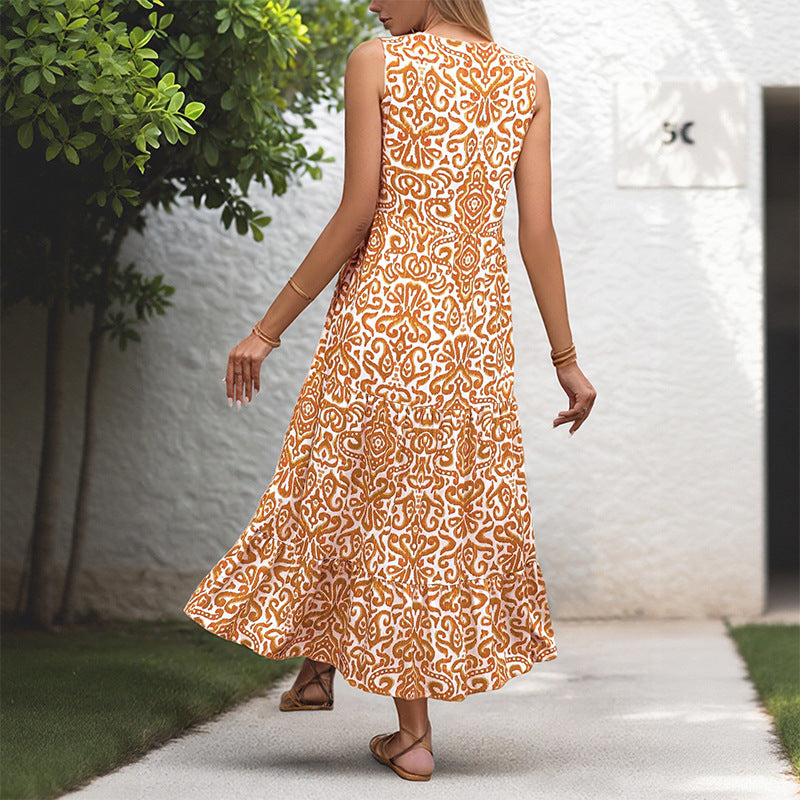 Mid-length Fashion Sleeveless V-neck Abstract Pattern Printed Dress