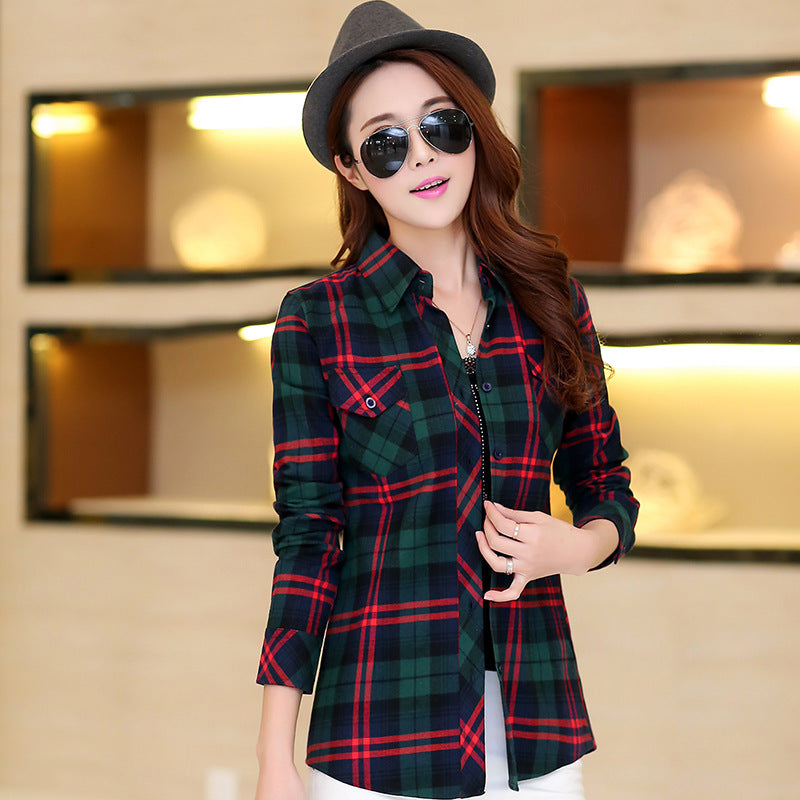 Korean Style Plaid Women's Autumn Clothing Slim Women Loose Cotton Long Sleeve Shirt