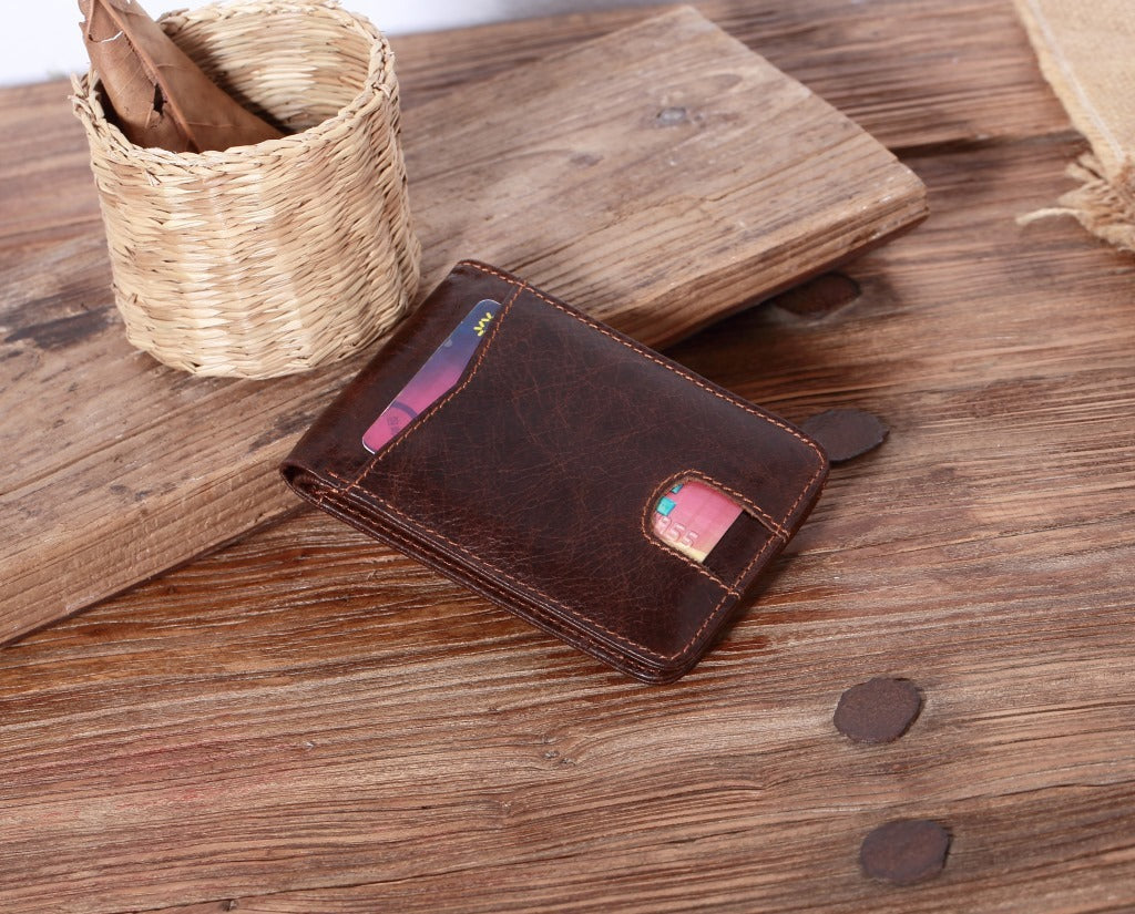 Men's Short Leather Oil Wax Wallet Card Holder