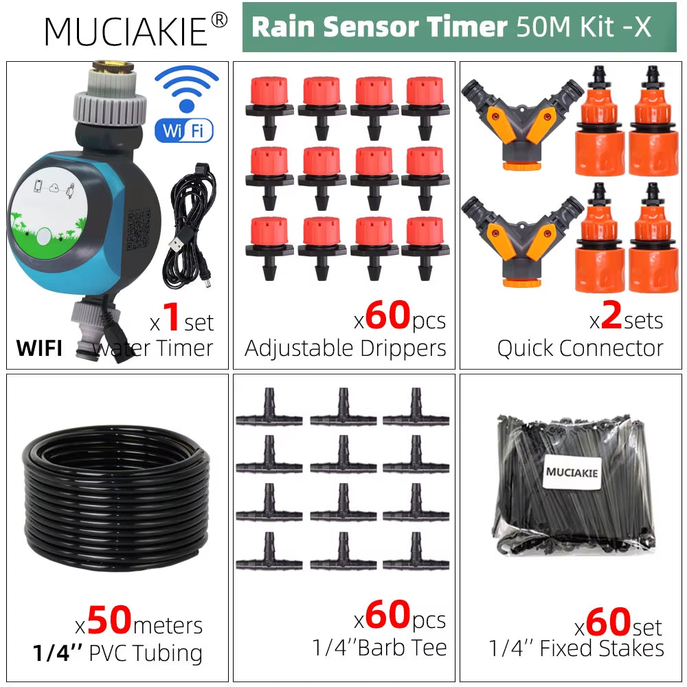 50M-5M DIY Drip Irrigation System Automatic Watering Garden Hose Micro Drip Watering Kits with Adjustable Drippers