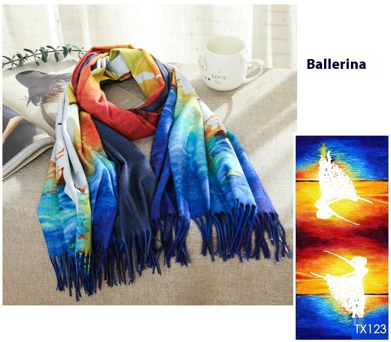 Tassel Digital Printing Scarf Cashmere Oil Painting Shawl