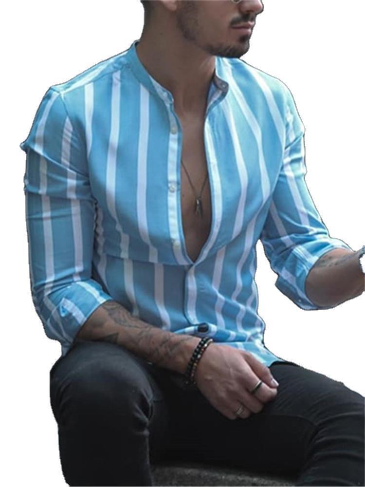 European And American Men's Stand Collar Striped Shirt