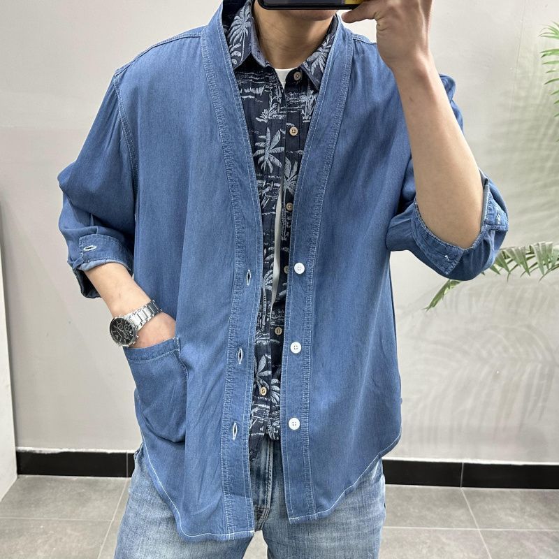 Men Three-quarter Sleeve Trendy Loose V-neck Casual Denim Coat
