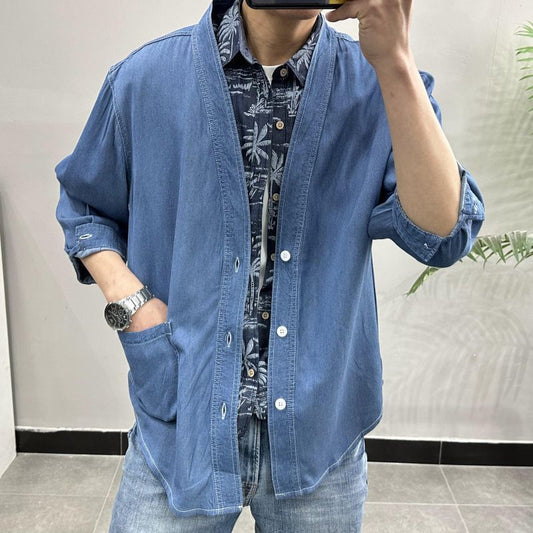 Men Three-quarter Sleeve Trendy Loose V-neck Casual Denim Coat