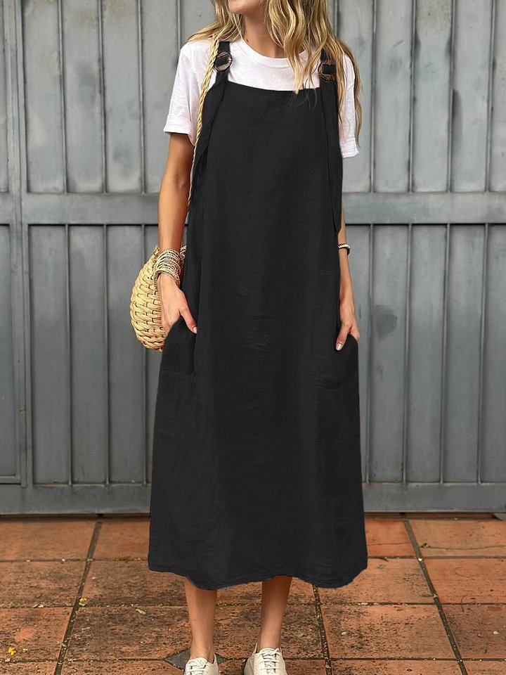 Summer Women's Adjustable Shoulder Strap Casual Cotton And Linen Dress