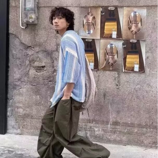 Contrast Color Short Sleeve Shirt Men's Summer Loose