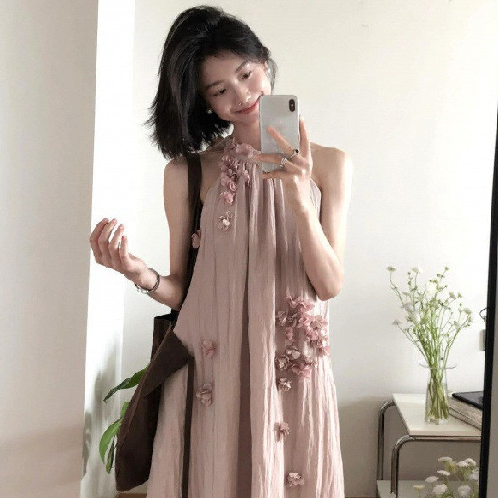 Women's Fashion Flower Halter Spaghetti Straps Dress