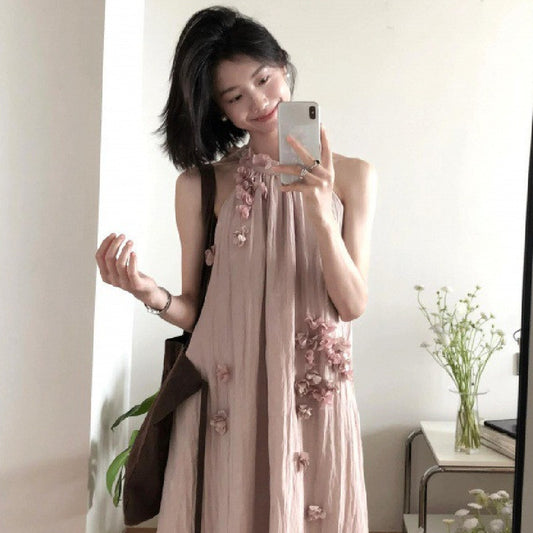 Women's Fashion Flower Halter Spaghetti Straps Dress