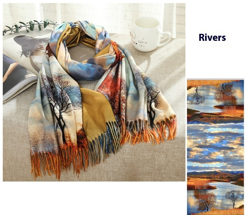 Tassel Digital Printing Scarf Cashmere Oil Painting Shawl