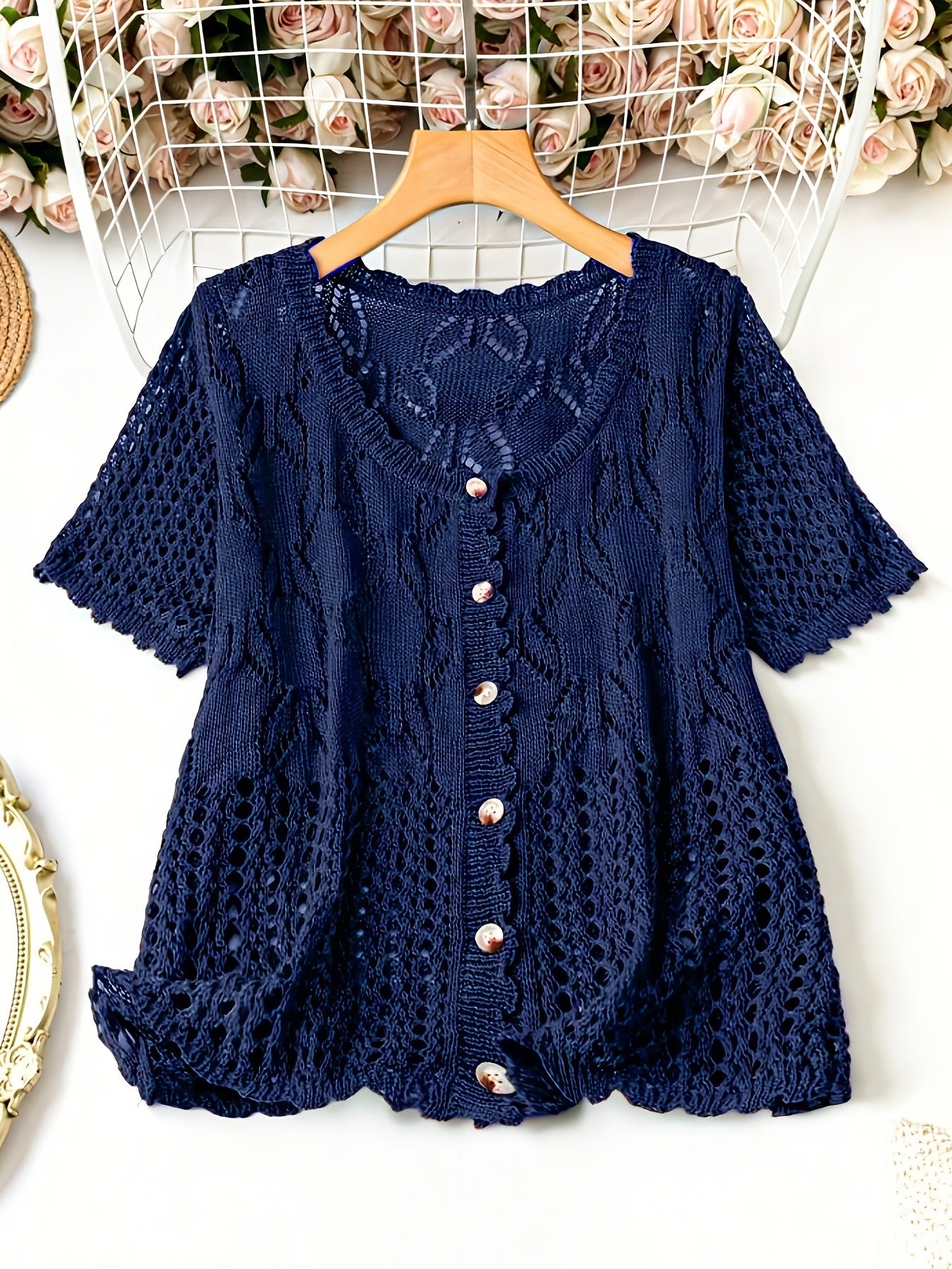 Women's Solid Color Hollow-out Button Short-sleeved Top