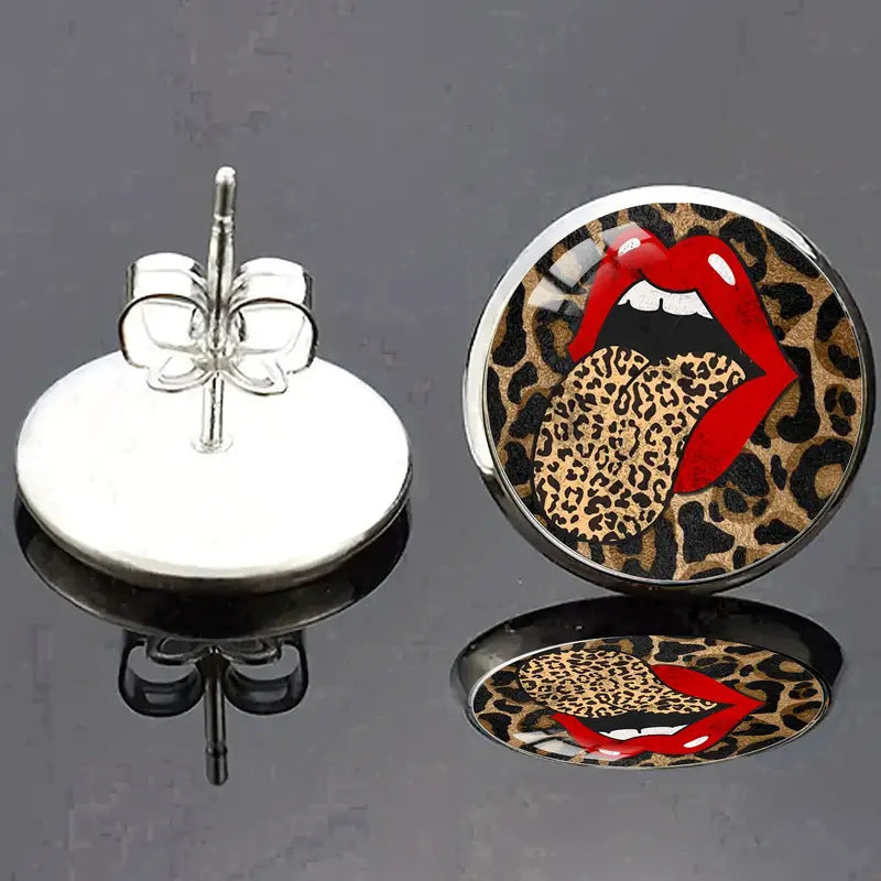 Personality Leopard Print Stud Earrings Time Stone Glass Stainless Steel
