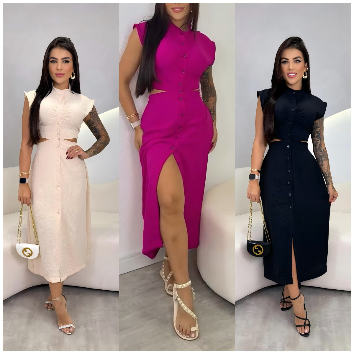 Women's Polyester Stand Collar Oversize Swing Skirt Dress