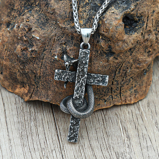 Mens Fashion Vintage Solid Three-dimensional Cobra Cross Pendant Necklace