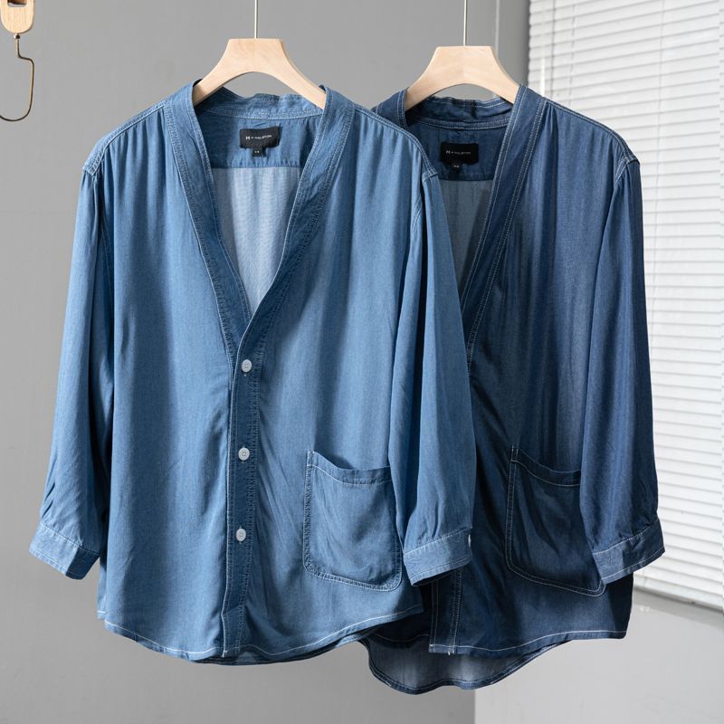 Men Three-quarter Sleeve Trendy Loose V-neck Casual Denim Coat