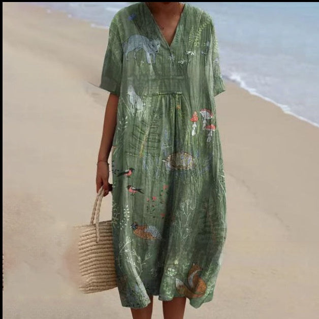 V-neck Digital Printing Pleated Large Version Dress