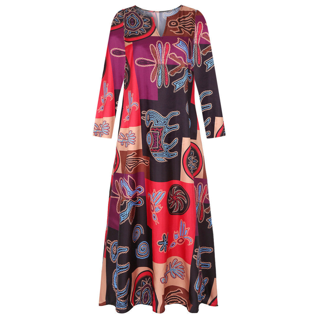 Women's V-neck Long Sleeve Pocket Printed Long Sleeve Dress