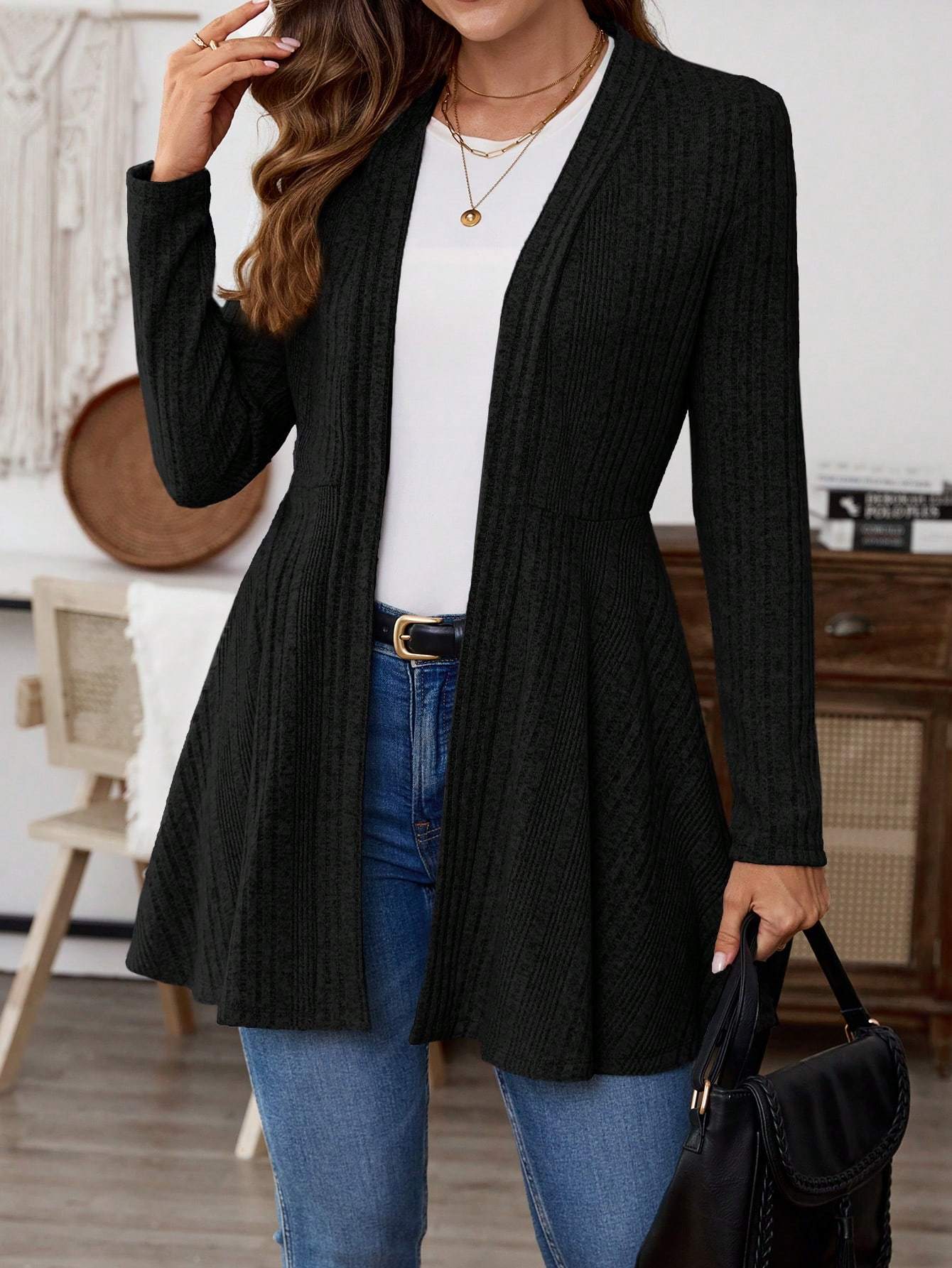 Women's Casual Solid Color Ribbed Knit Jacket