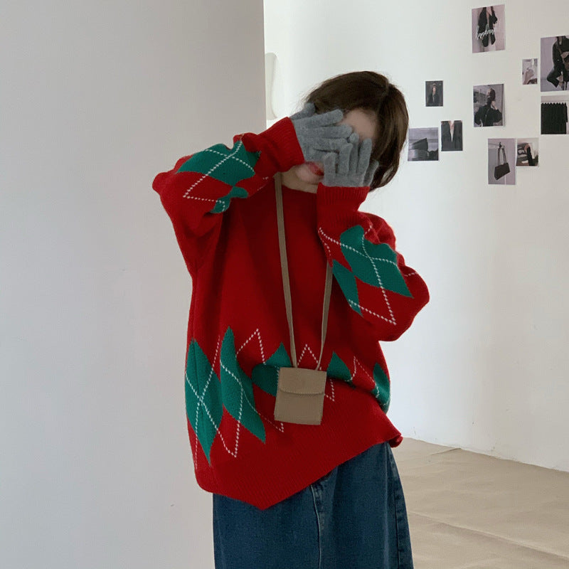 Western Fashion All Match Long Sleeved Round Neck Sweater Spring New Women's Clothing European And American Thickened Rhombus Sweater For Women