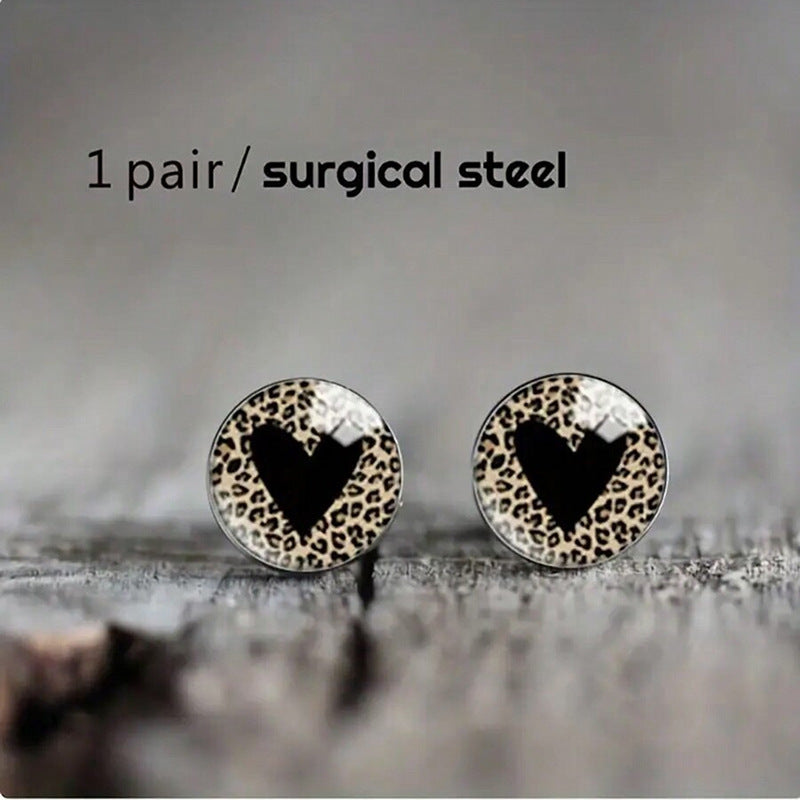Personality Leopard Print Stud Earrings Time Stone Glass Stainless Steel