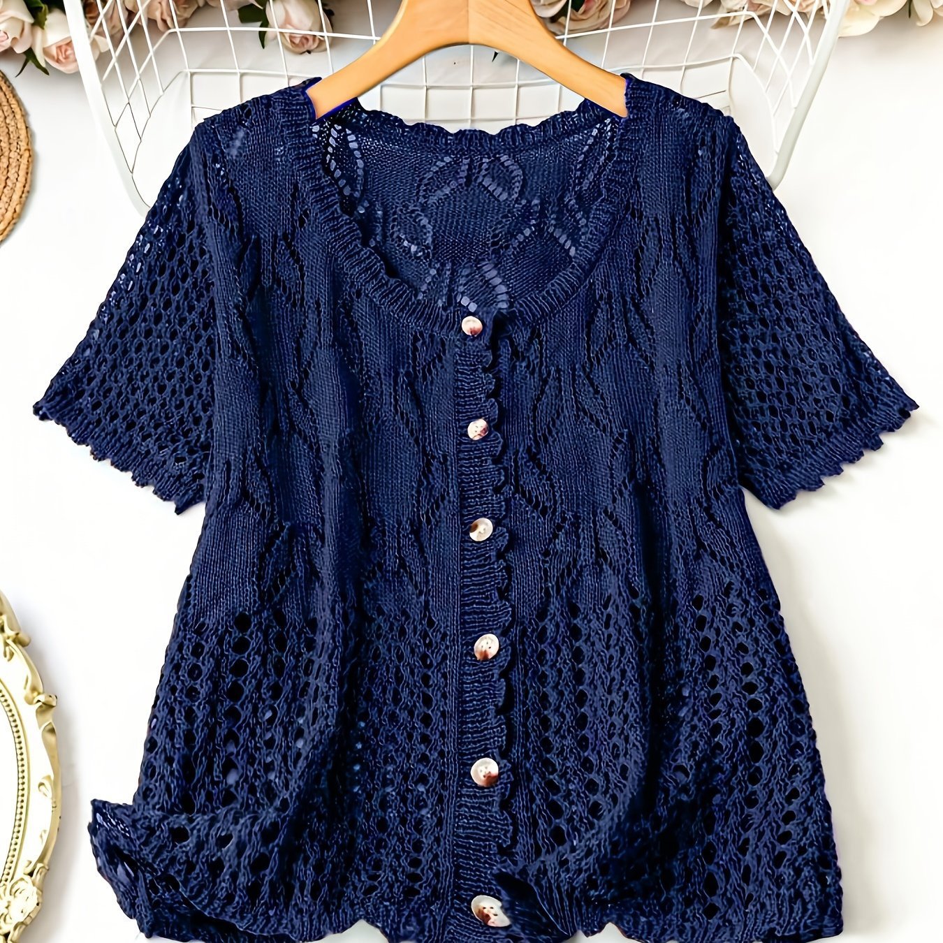 Women's Solid Color Hollow-out Button Short-sleeved Top