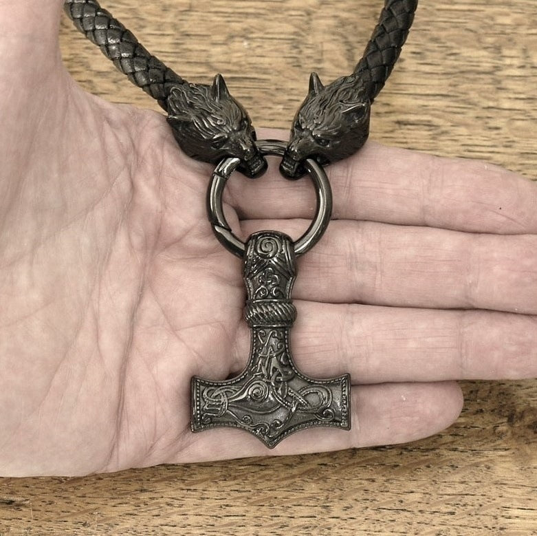 Mens Fashion Leather Necklace Compiled With Hammer Shape Pendant