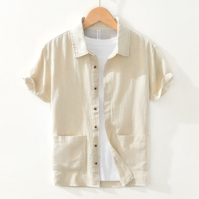 Breathable Cotton Linen Ramie Shirt Lapel Short Sleeve
