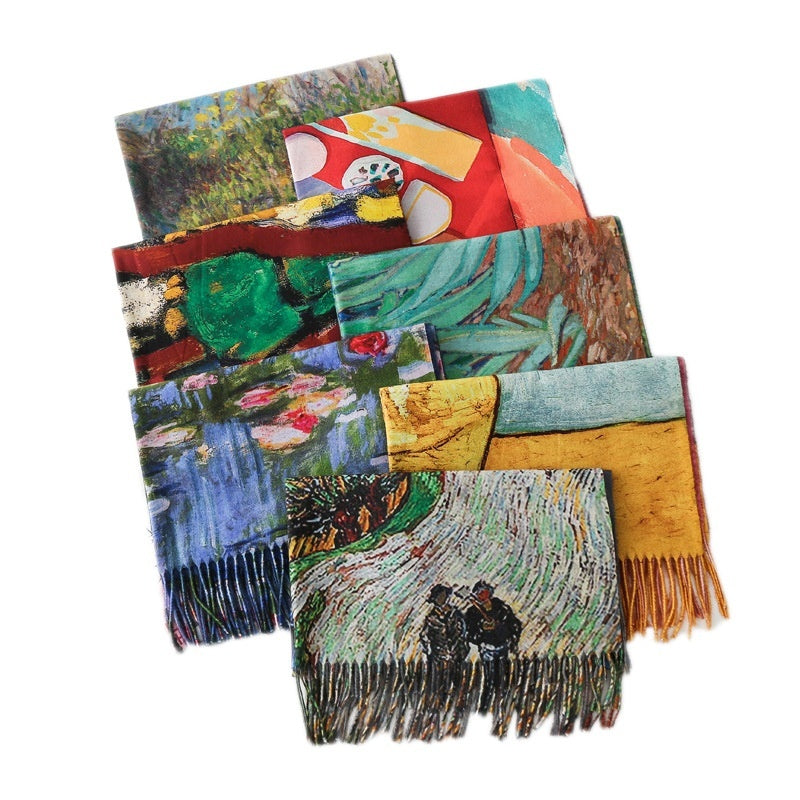 Tassel Digital Printing Scarf Cashmere Oil Painting Shawl