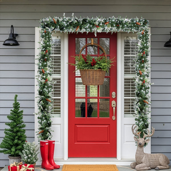 2 Pack 9FT Pre-lit Snow Flocked Christmas Garland, Lighted Artificial Xmas Garland With 200 Warm Lights And 440 Tips And Red Berries, For Front Door Gate Wall Xmas Party Decorations, Snowy Green