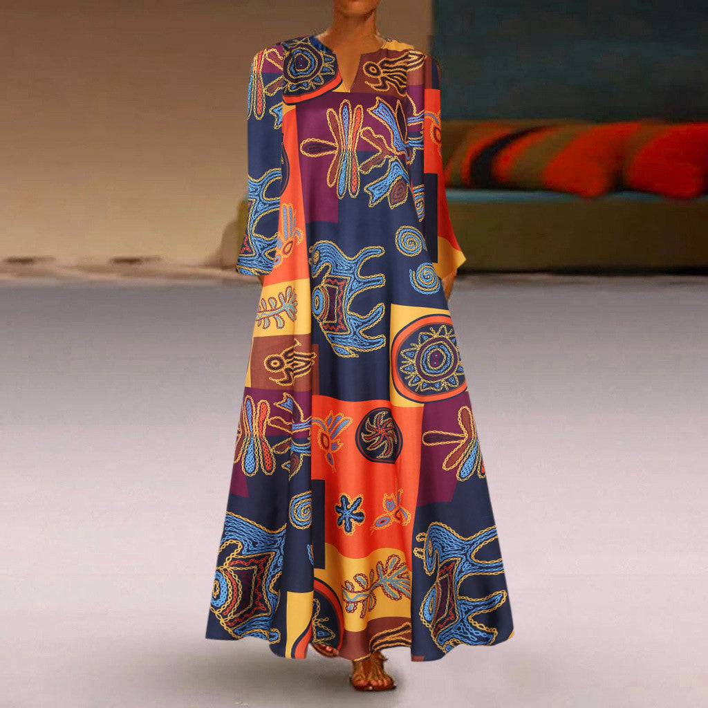 Women's V-neck Long Sleeve Pocket Printed Long Sleeve Dress