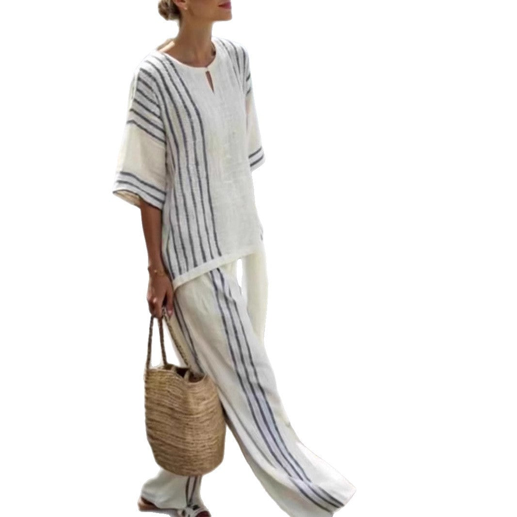 Round Neck Striped Short Sleeve Cotton And Linen Top Casual Pants