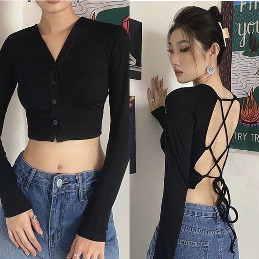 Women's V-Neck Buttoned Back Tie Long Sleeve Top