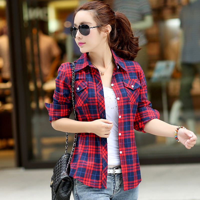 Korean Style Plaid Women's Autumn Clothing Slim Women Loose Cotton Long Sleeve Shirt