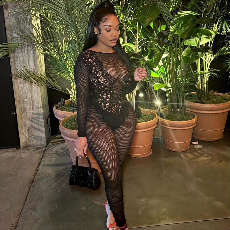 Round Neck Slim-fit Sexy Long Sleeve Women's Knitted Jumpsuit
