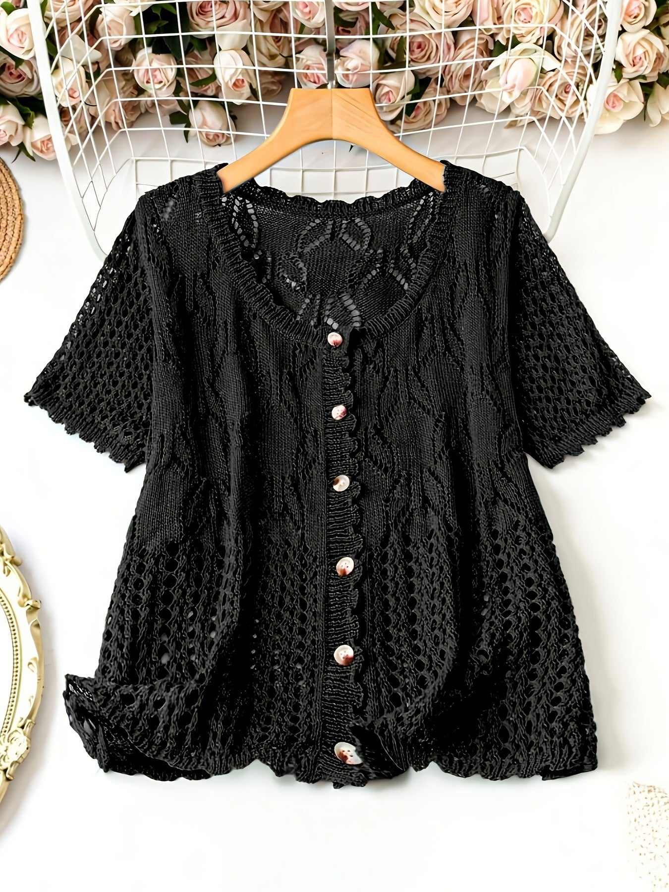 Women's Solid Color Hollow-out Button Short-sleeved Top