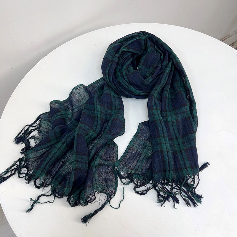 Thin Cotton And Linen Plaid Scarf Soft Neck Shawl